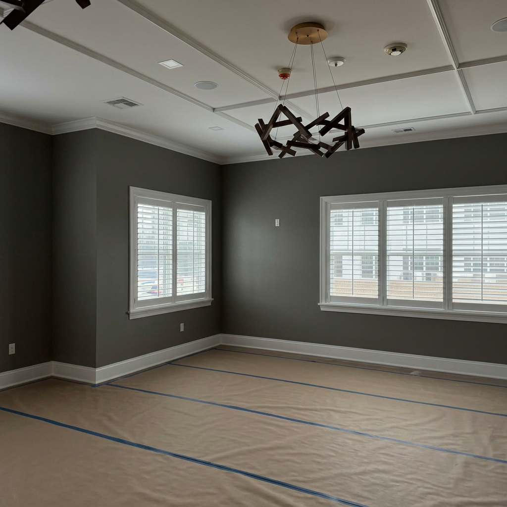 Dining room with custom shutters and chandelier